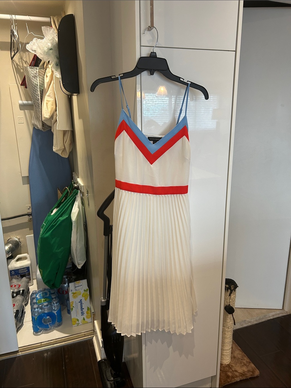 Banana Republic White Pleated Mini Dress with Red and Blue Trim